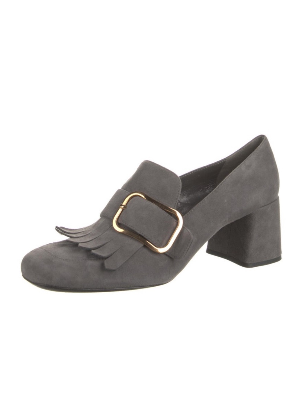 Prada Gray Suede Loafer with Fringe and Gold Buckle Heel - Picture 2 of 5